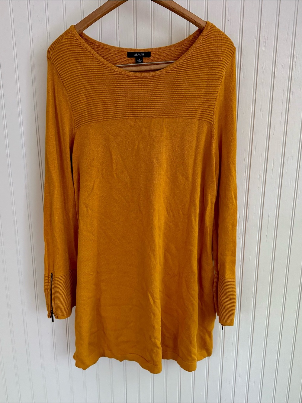 Alfani Mustard Ribbed Yoke Knit Top with zipper detail